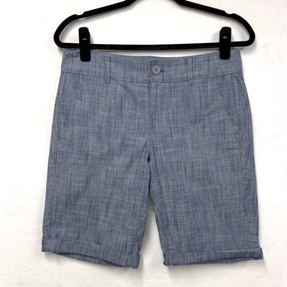 Loft Outlet‎ Size 2 Blue Chambray Bermuda Shorts Cotton Spandex Pockets Cuffs